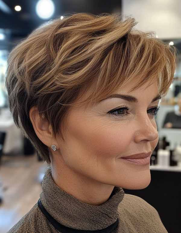 Soft Honey Blonde Pixie Haircut For Women Over 50