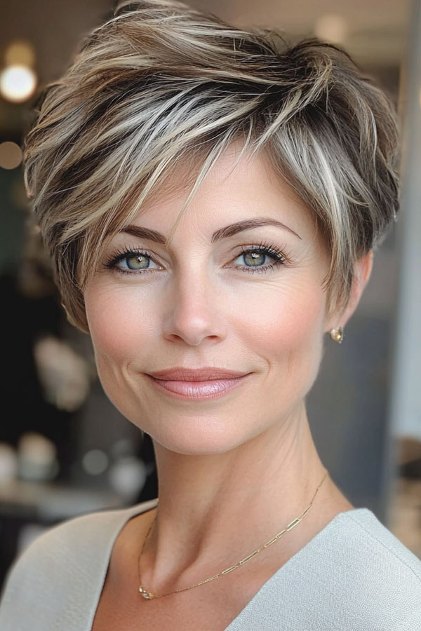 50 Trendy Pixie Haircuts For Women Over 50 : Soft Layered Ash Blonde Pixie