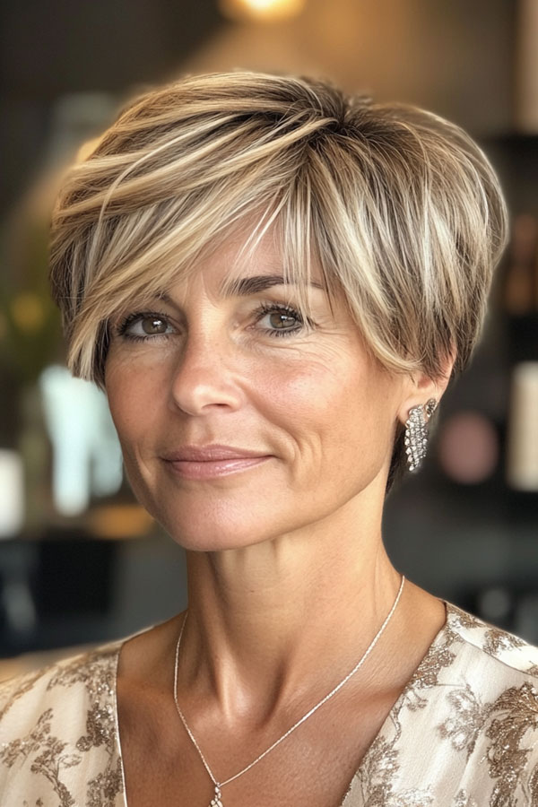 50 Trendy Pixie Haircuts For Women Over 50 : Soft Layered Light Blonde Pixie