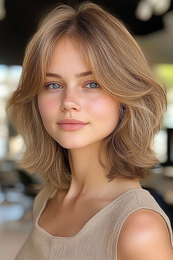 Soft Layered Bob with Curtain Bangs, haircut for thin hair