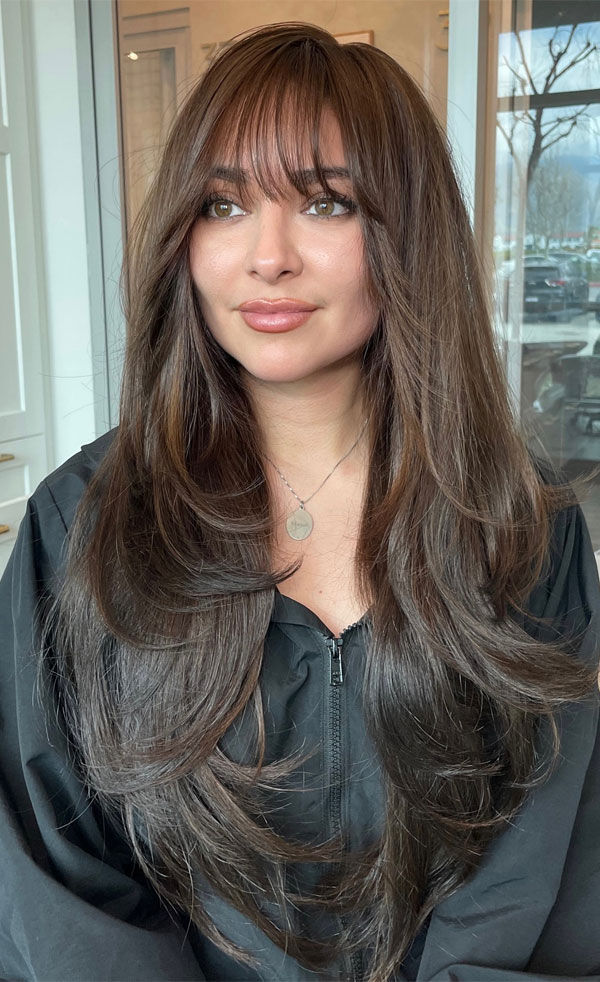 Soft Layers with Wispy Bangs, butterfly layered haircut, long layered haircut with curtain bangs, voluminous long layered haircut, long layered hairstyle