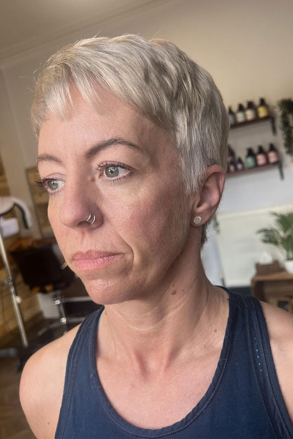 Soft Platinum Blonde Layered Pixie for Women Over 50