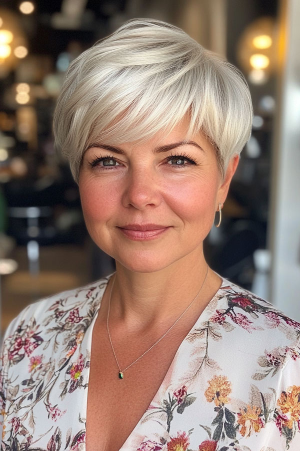 50 Trendy Pixie Haircuts For Women Over 50 : Soft Platinum Pixie for Chubby Faces