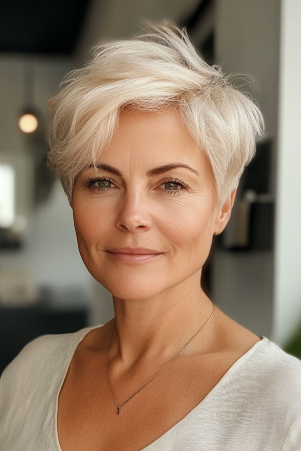 Soft Platinum Pixie with Tousled Layers, pixie hair color idea, pixie haircut, pixie hair color