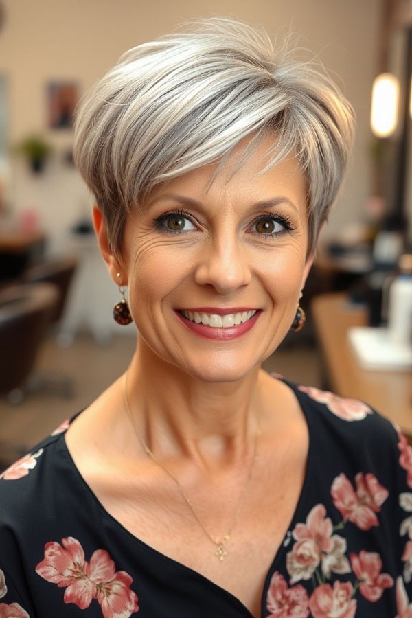 Soft Silver Pixie with Layers, pixie hair color idea, pixie haircut, pixie hair color