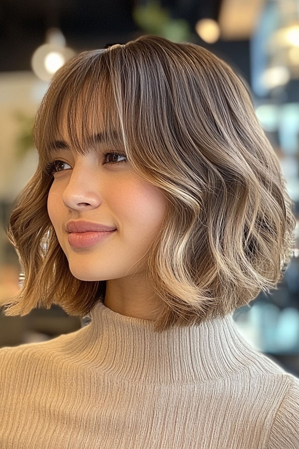 50 Wavy Lob Haircuts for Effortless Glamour : Soft Wavy Lob with Wispy Bangs