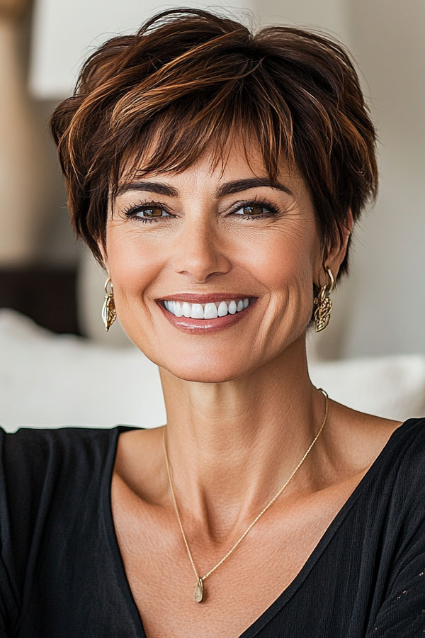 Sophisticated Brunette Choppy Pixie, haircut for women over 50