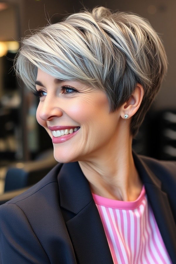 Sophisticated Silver with Dark Roots, pixie hair color idea, pixie haircut, pixie hair color