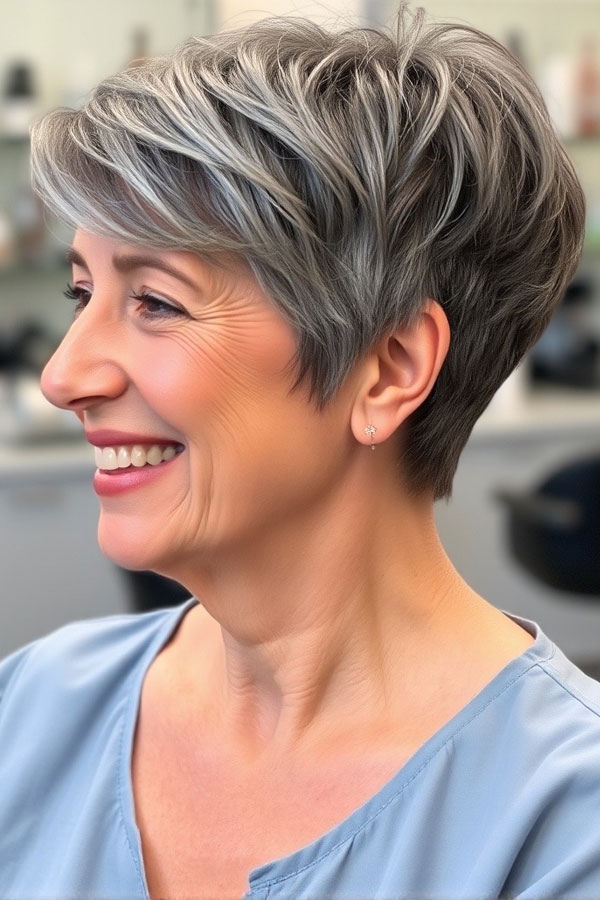 Steel Gray Pixie, silver pixie haircut, pixie hair color idea, pixie haircut, pixie hair color