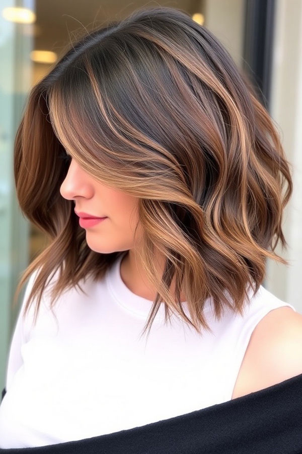 50 Wavy Lob Haircuts for Effortless Glamour : Subtle Mocha Waves