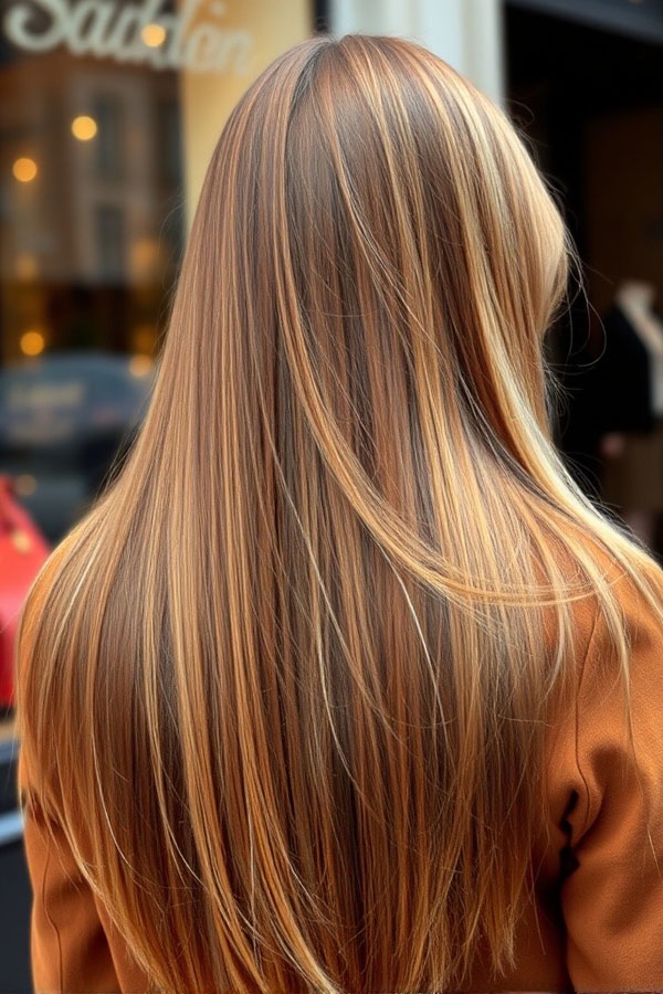 25 Cute Pumpkin Hair Colour Ideas for Fall : Subtle Pumpkin and Golden Caramel Highlights