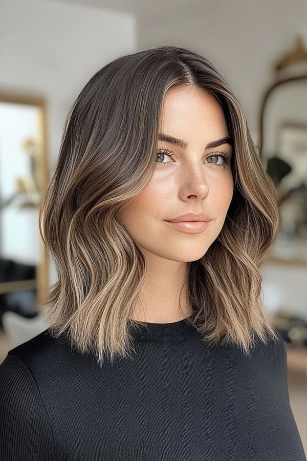 39 Flattering Medium Hairstyles Perfect for Thin Hair : Subtle Wavy Lob with Soft Balayage