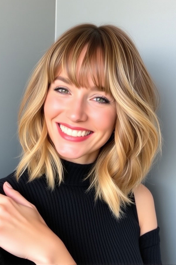 50 Wavy Lob Haircuts for Effortless Glamour : Sun-Kissed Wavy Lob with Fringe