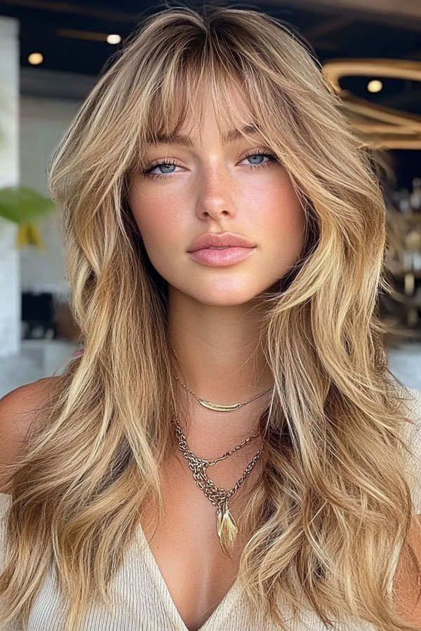 50 Beautiful Long Shag Haircuts for Effortless Style : Sunkissed Layered Shag with Feathered Bangs