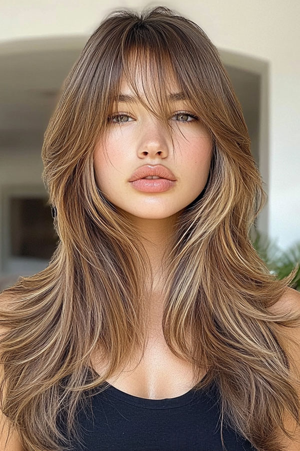 37 Stunning Voluminous Long Layered Haircuts : Sunlit Layers with Soft Bangs