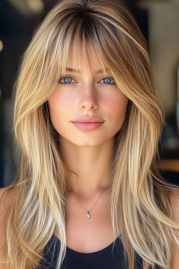 35 Trendy Long Straight Haircuts To Try Now : Sunlit Shag with Curtain Bangs