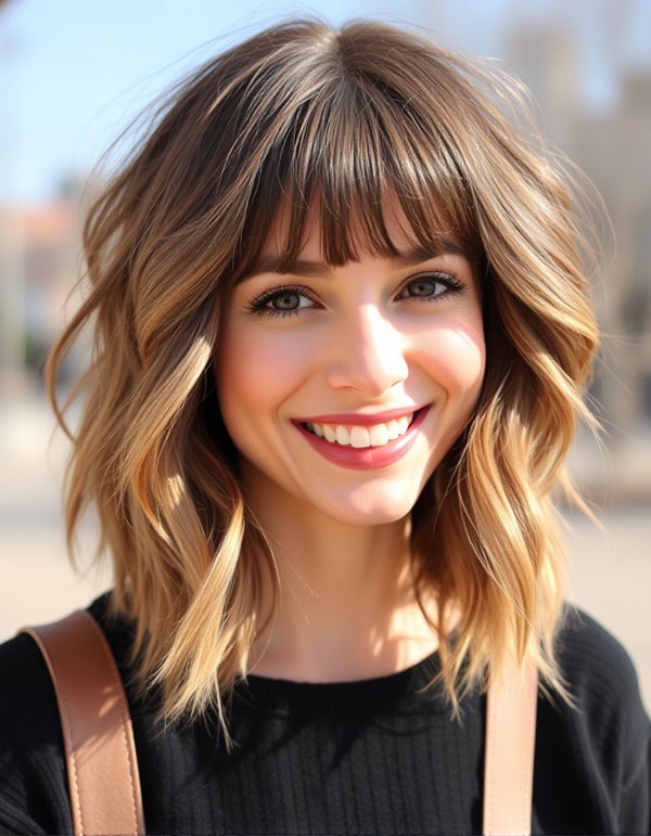 50 Wavy Lob Haircuts for Effortless Glamour : Sunlit Waves with Full Bangs