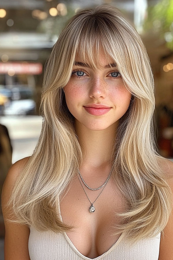 35 Trendy Long Straight Haircuts To Try Now : Sunny Blonde Cascading Layers with Curtain Bangs