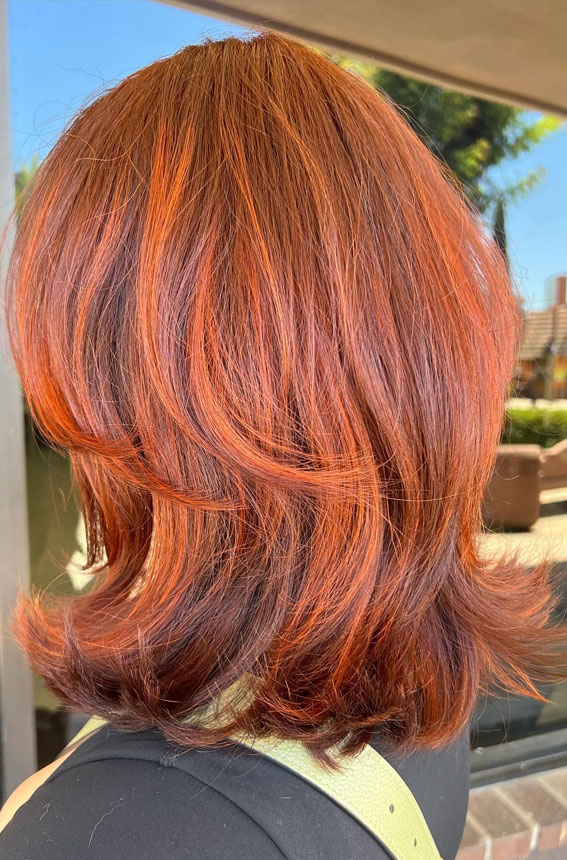 35 Trending Medium Layered Haircuts : Sunset Copper Layers with Soft Waves