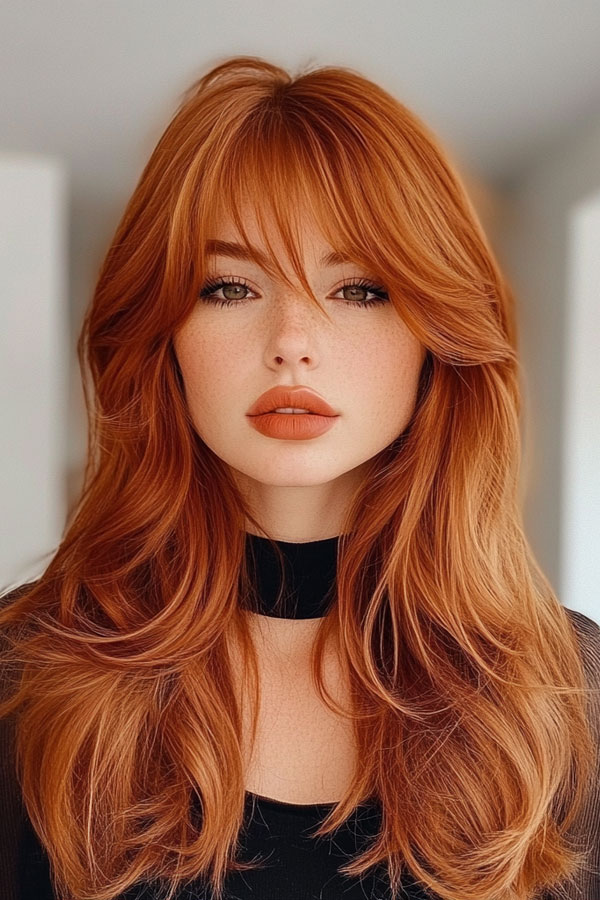 Sunset Copper Long Layers with Wispy Bangs,   fall hair color trends, autumn hair colours