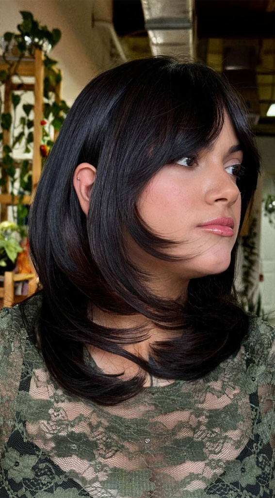 35 Trending Medium Layered Haircuts : Swooped Layers with Soft Curtain Bangs