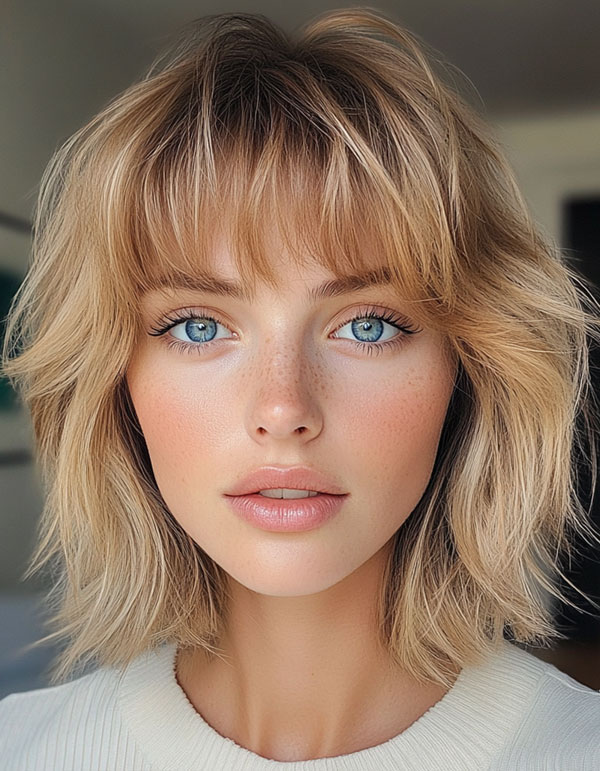 39 Flattering Medium Hairstyles Perfect for Thin Hair Textured Blonde Bob with Feathered Bangs