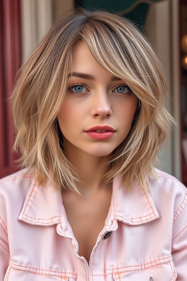 39 Flattering Medium Hairstyles Perfect for Thin Hair : Textured Blonde Bob with Side-Swept Bangs