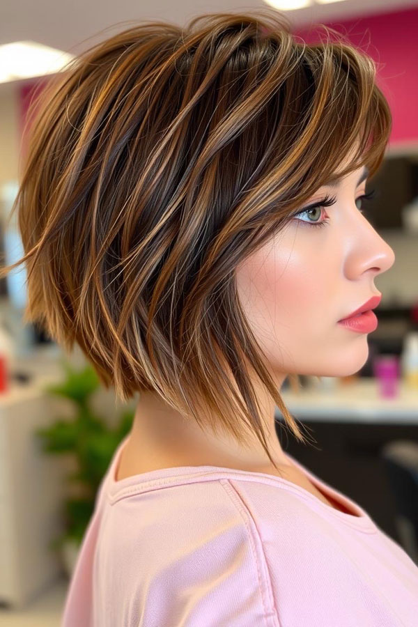 53 Gorgeous Hair Colours for the Fall Season : Textured Bob with Caramel Highlights