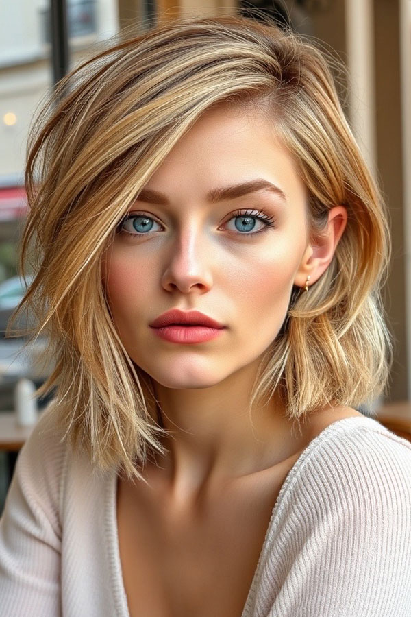 32 Low-Maintenance Medium-Length Haircuts : Textured Bob with a Deep Side Part