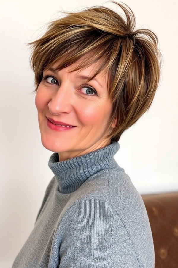 50 Pixie Hair Colour Ideas for Women Over 50 : Textured Brunette Pixie with Honey Highlights