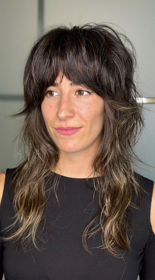 50 Beautiful Long Shag Haircuts for Effortless Style : Textured Brunette Shag Messy Layers