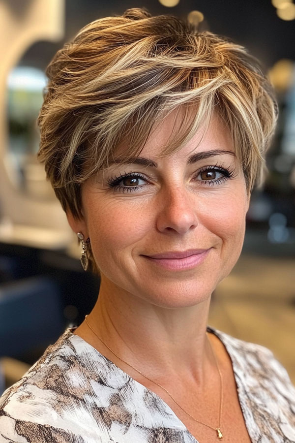 Textured Highlighted Pixie Haircut For Women Over 50