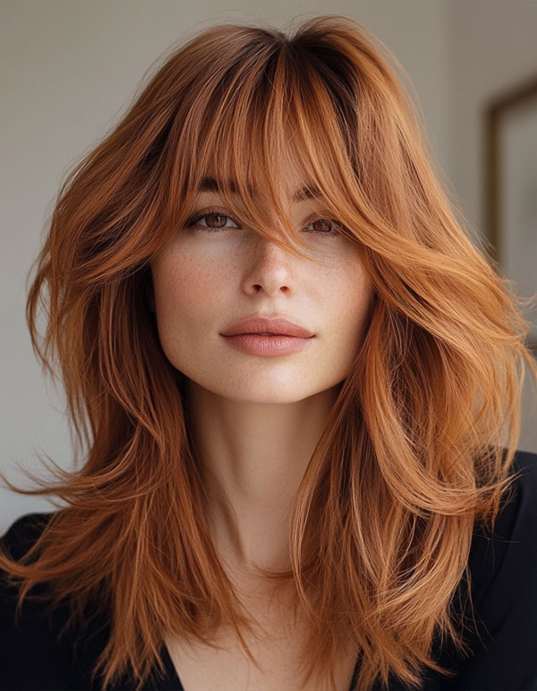 25 Cute Pumpkin Hair Colour Ideas for Fall : Textured Pumpkin Layers with Fringe