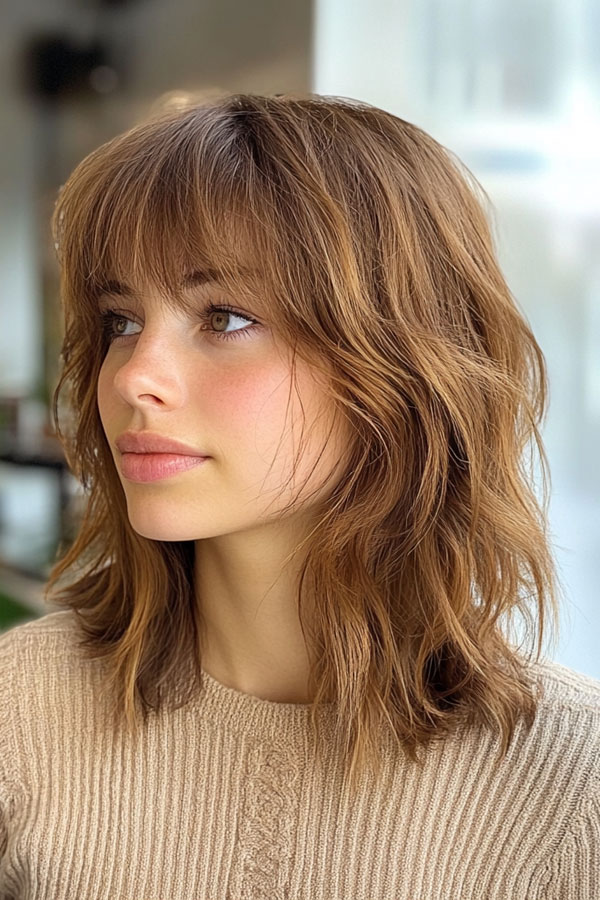 50 Wavy Lob Haircuts for Effortless Glamour : Textured Shaggy Lob with Wispy Bangs