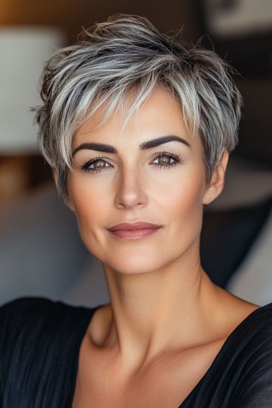 50 Pixie Hair Colour Ideas For Women Over 50 Textured Silver Pixie With Dark Roots 5254