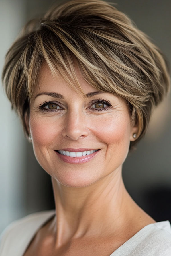 50 Trendy Pixie Haircuts For Women Over 50 : Textured Warm Brunette Pixie