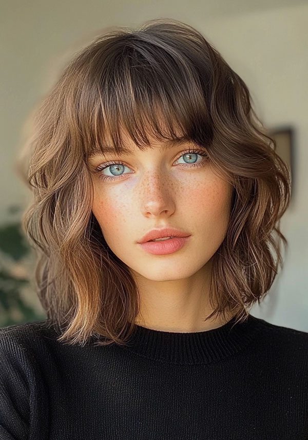 39 Flattering Medium Hairstyles Perfect for Thin Hair Textured Waves with Curtain Bangs