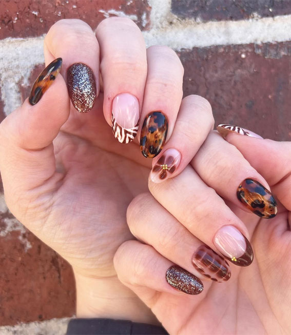 Tortoiseshell and Glitter Mix, , Autumn Nail Designs, almond nails, fall nail design, mix n match autumn nails