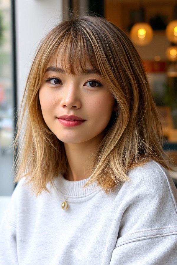 Tousled Blonde Bob with Wispy Bangs, haircut for thin hair