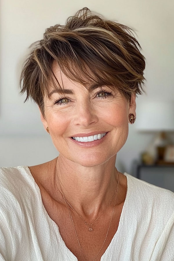 Tousled Brunette Low-Maintenance Pixie Haircut For Women Over 50