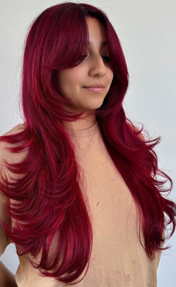 Vibrant Burgundy Layerss, long layered haircut with curtain bangs, voluminous long layered haircut, long layered hairstyle