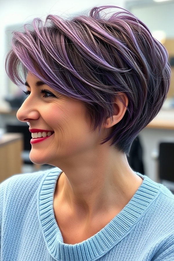 50 Pixie Hair Colour Ideas for Women Over 50 : Vibrant Purple Pixie with Dimension