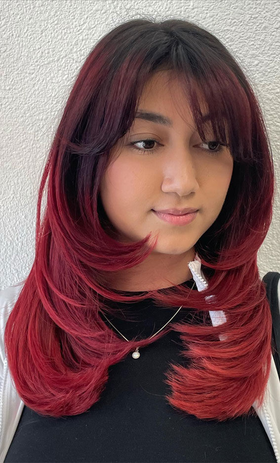 Vibrant Red Layers with Curtain Bangs, shoulder length layered haircut, Trending Medium Layered Haircuts, medium length layered haircut, medium length layered hairstyle