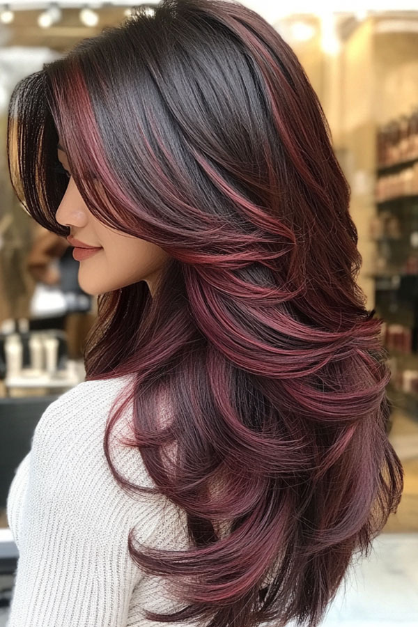 Voluminous Black and Burgundy Layers, fall hair color, autumn hair colour trend