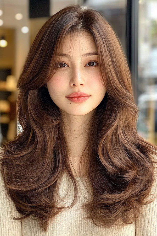 50 Fall Hair Colors to Light Up the Season : Voluminous Chestnut Long Layers with Soft Curtain Bangs