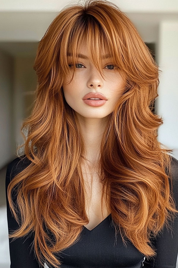 Voluminous Copper Waves with Textured Layers,  autumn hair colour , fall hair color, autumn hair colour trend