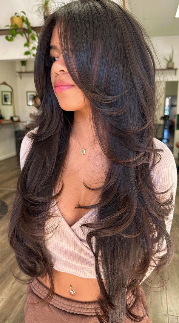 Voluminous Dark Layers with Curtain Bangs, Long Layered Hairstyle to Enhance Straight Hair, long layered haircut for straight hair, long layers, long layered haircut