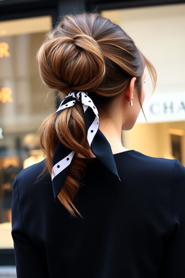 Voluminous Ponytail with Polka Dot Scarf