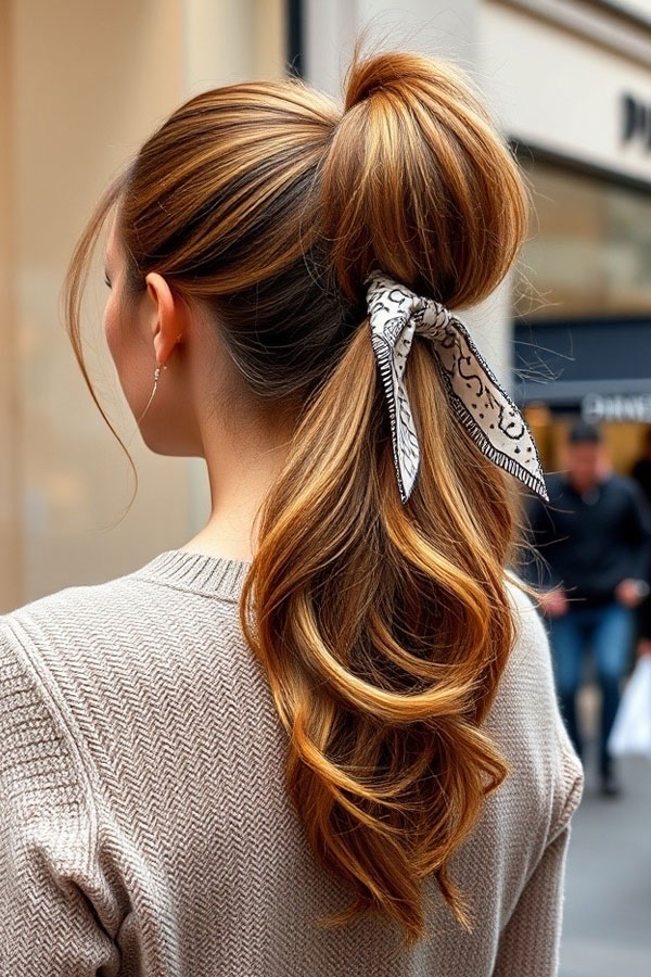 Voluminous Ponytail with a Scarf Tie