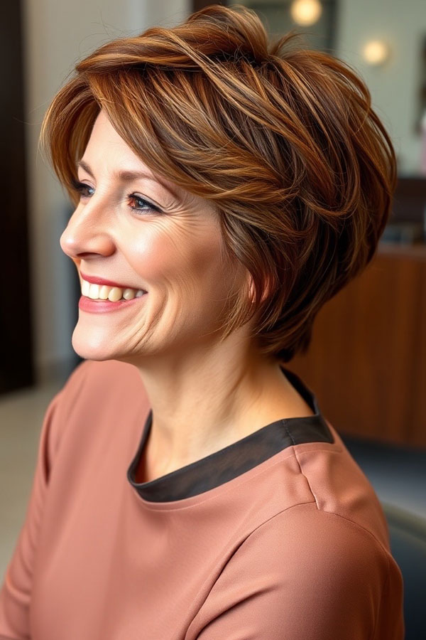 50 Pixie Hair Colour Ideas for Women Over 50 : Warm Auburn Highlights on a Layered Pixie